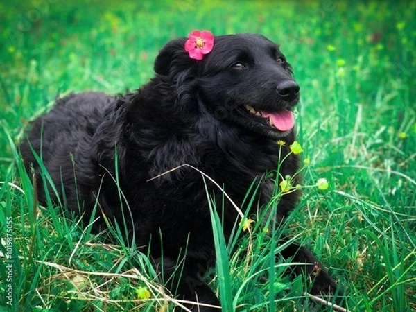 Obraz black dog in grass