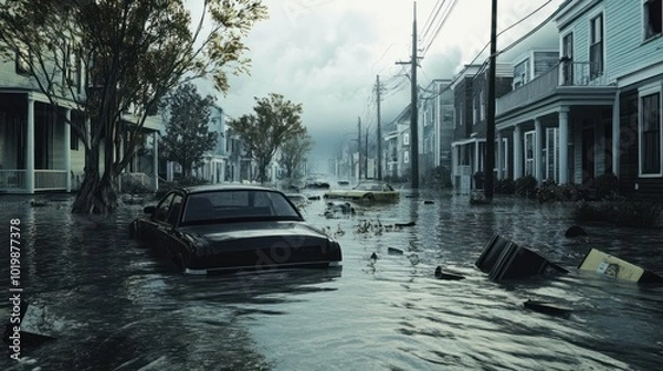 Fototapeta A flooded street in a coastal city after a hurricane, with submerged cars and debris floating in the water.