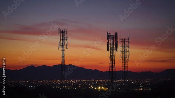 Fototapeta 5G towers are like giant antennas that send out wireless internet signals. These towers create a network for fast mobile internet, allowing you to connect to the internet on your phone.