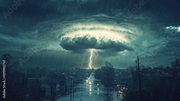 Fototapeta A thundercloud over a small town, with rain falling heavily and streets starting to flood.