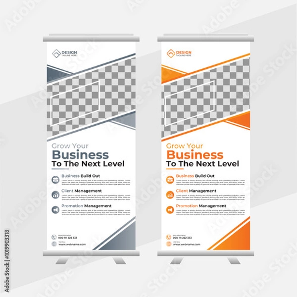 Fototapeta Creative business agency stands roll up banner design template layout, for exhibition with Two colors. abstract background, vertical, x-banner, display, rectangle size. Editable vector template