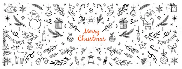 Fototapeta Christmas drawn xmas tree, leaf, holly flower background. Hand drawn doodle sketch holly floral, christmas tree leaves, winter pine. Holiday ornament, rustic wreath sketch doodle. Vector illustration