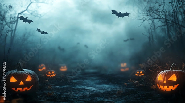 Fototapeta Spooky Halloween scene with glowing jack-o'-lanterns in a misty forest, bats flying overhead.