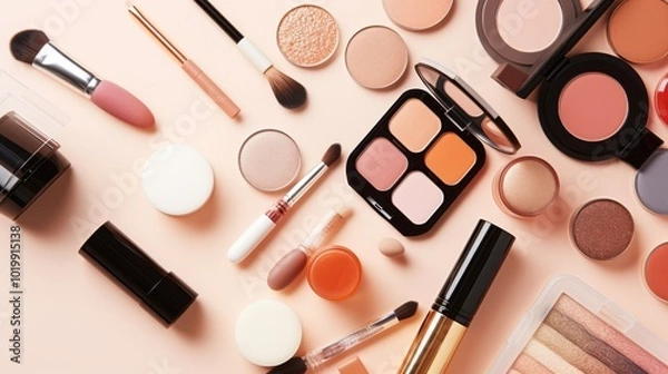 Fototapeta An assortment of neatly arranged makeup products set against a pastel background, illustrating elegance and beauty variety.