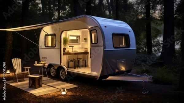 Fototapeta A cozy modern caravan nestled in a serene forest clearing at dusk, inviting relaxation and adventure.