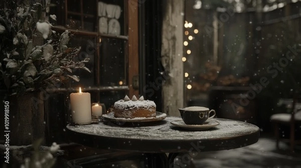 Fototapeta A table topped with a cake and a cup of coffee