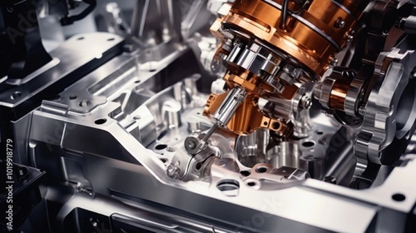 Fototapeta Intricate machinery with gleaming, reflective metal surfaces under precise lighting illustrates industrial precision and advanced engineering.