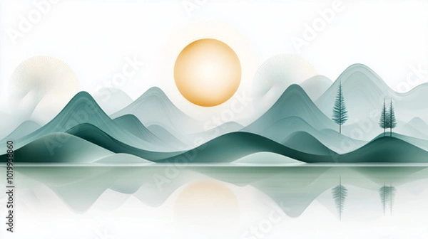 Fototapeta Minimalist landscape with teal mountains and sun reflection on water.