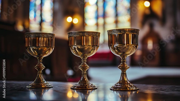Obraz three Chalices used during the Mass to honor the saints with copy space for all saints' day background banner.