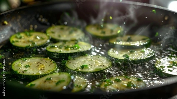 Obraz Zucchini Slices Frying in a Pan - Delicious and Healthy Recipe