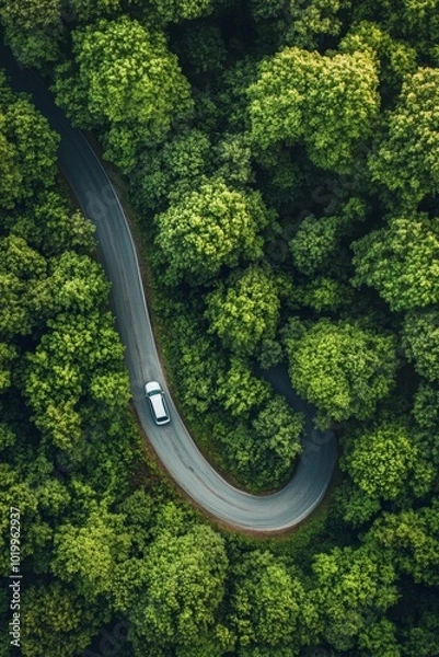 Fototapeta An aerial view of a winding road surrounded by lush green trees, evoking a sense of adventure and tranquility in nature.