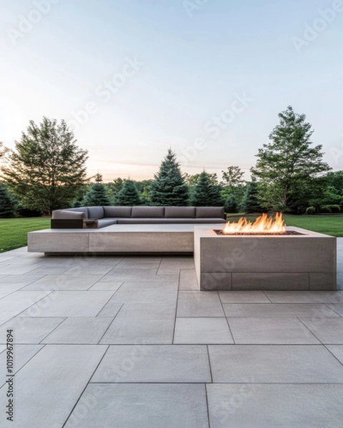 Fototapeta Modern outdoor seating area with fire pit surrounded by lush greenery at sunset