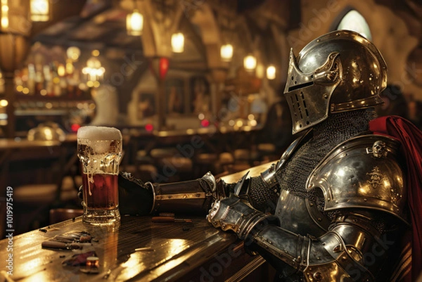 Fototapeta A fantastic royal knight in armor drinks beer at a local bar