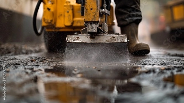 Fototapeta Close-up of a Road-Cutting Machine with Water Spraying onto Asphalt