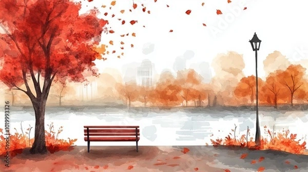 Fototapeta A serene lakeside scene with vibrant autumn trees and a red bench overlooking the peaceful water.