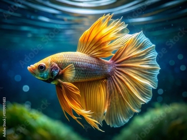Fototapeta Stunning Gold Betta Fish Swimming Gracefully in Crystal Clear Water with Vibrant Fins and Colors