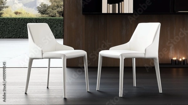 Fototapeta Modern interior design with two white contemporary chairs in a minimalist setting with wooden accents and outdoor view.