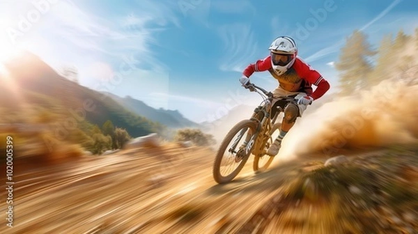 Fototapeta Mountain biker racing down a dirt trail on a sunny day.