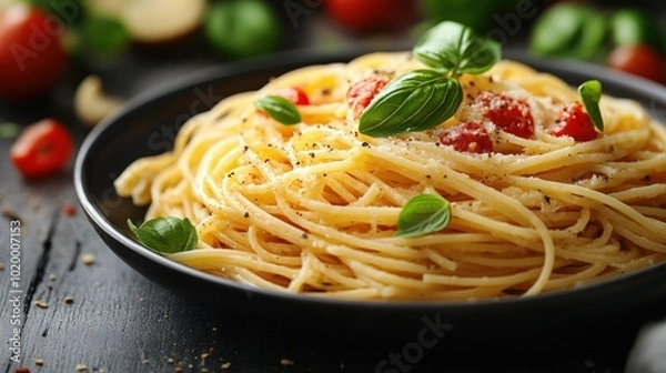 Obraz A plate of spaghetti topped with tomatoes and basil.