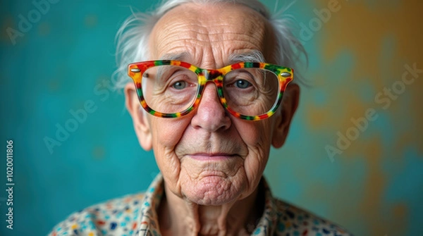Obraz Vibrant Portrait of Elderly Individual Wearing Colorful Glasses – Celebrating Age, Style, and Personality Through Photography