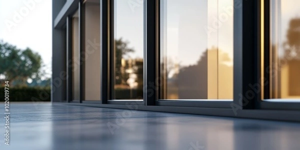 Fototapeta Modern architectural design with sleek glass windows reflecting nature's beauty.