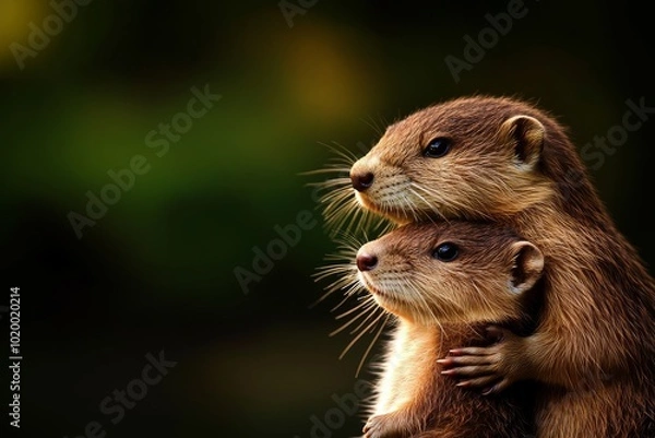 Fototapeta Two otters interacting closely in a natural setting.