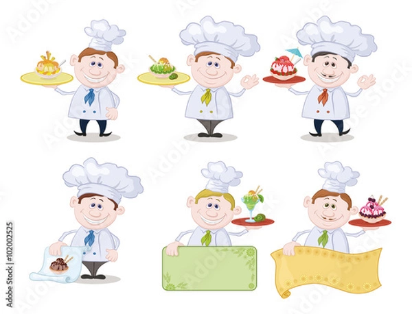 Fototapeta Set Cartoon Cooks Chefs with Ice Cream and a Blank Posters for Advertising Texts, Isolated on White Background. Eps10, Contains Transparencies. Vector