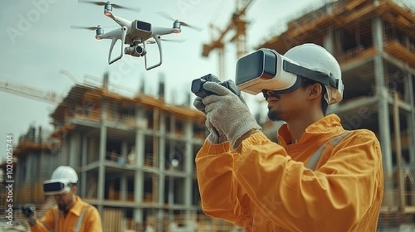 Obraz Construction Worker with VR Headset Uses a Drone to Inspect a Building