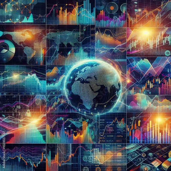 Fototapeta Digital world is showing global business data and statistics visualizations