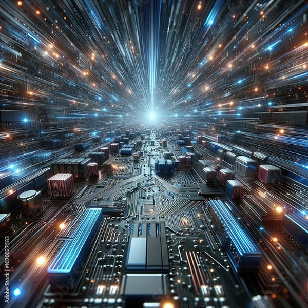 Fototapeta Data traveling at the speed of light through circuit board