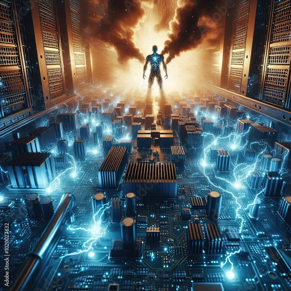 Fototapeta Powerful artificial intelligence emerging from motherboard