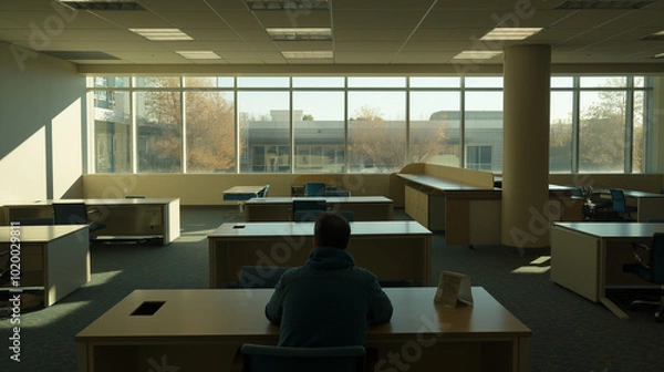 Fototapeta Man sitting alone in an empty office, gazing at an empty desk with a few personal items, symbolizing job loss and layoffs, conveying a sense of uncertainty and reflection