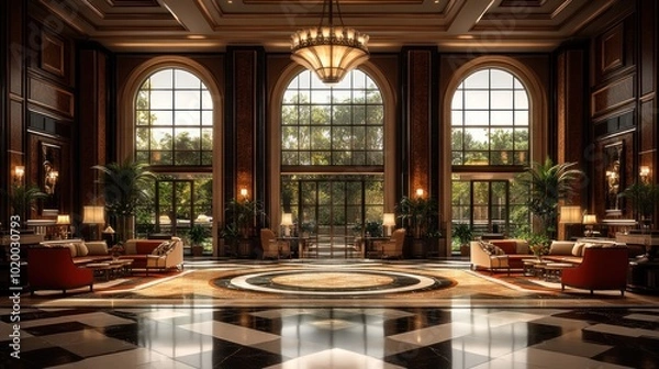 Fototapeta Elegant hotel lobby with large windows and stylish seating areas.