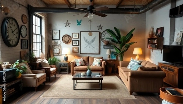 Obraz Eclectic industrial living room with rare finds, featuring unique thrifted decor pieces, mismatched furniture, and a large plant that adds a pop of green.