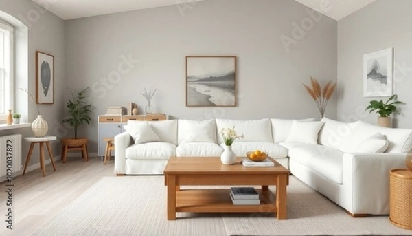 Fototapeta Scandinavian-inspired living room with rare vintage pieces, featuring soft gray walls, a light oak coffee table, and a plush white sectional sofa. The room is styled with minimalist decor