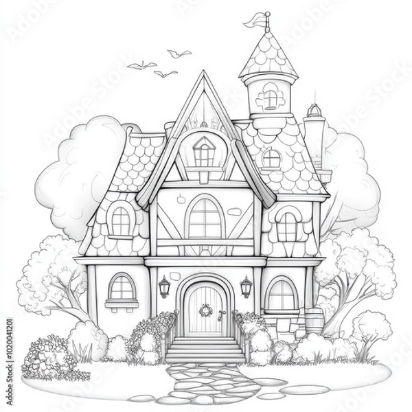 Fototapeta A whimsical line art of a charming house surrounded by trees and bushes, perfect for coloring or artistic inspiration.