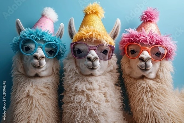 Fototapeta Lively birthday party scene with funny, cute llamas wearing colorful hats and surrounded by balloons, cheerful and vibrant celebration
