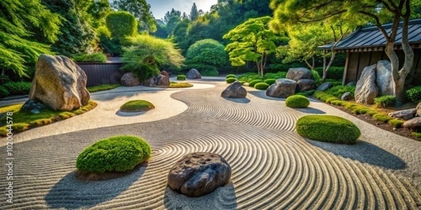 Fototapeta Tranquil Zen Garden Artwork with Raked Sand, Stones, and Greenery for Relaxation and Meditation