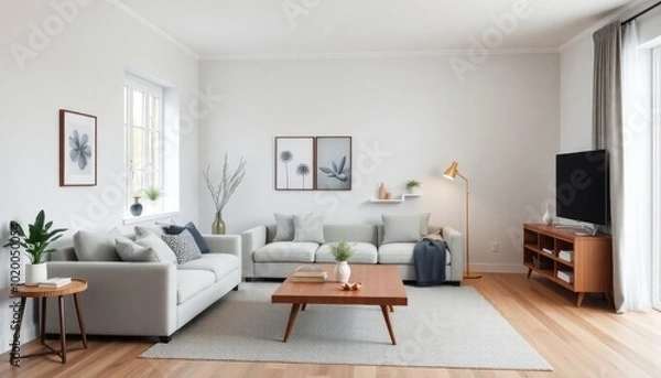 Obraz Scandinavian-inspired living room with a unique layout, featuring light gray walls, a cozy sectional sofa, and a sleek wooden coffee table. The decor is kept minimal for a spacious feel.
