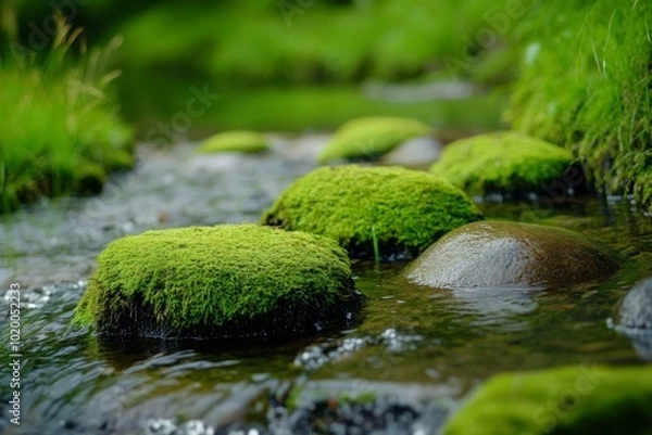 Fototapeta Scenic stream with moss-covered stones surrounded by lush greenery, perfect for nature-themed projects and calming visuals.