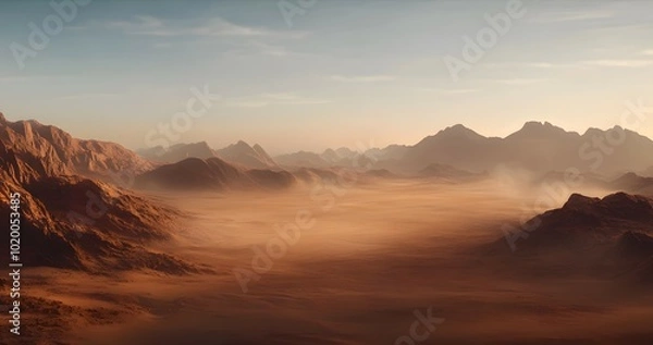 Fototapeta A vast, red desert landscape on Mars with mountains in the background.