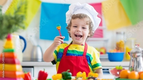 Fototapeta Joyful Child in Chef Attire Preparing Playful Food