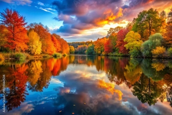 Fototapeta Vibrant Autumn Landscape with Colorful Foliage and Serene Reflection in Tranquil Lake at Sunset