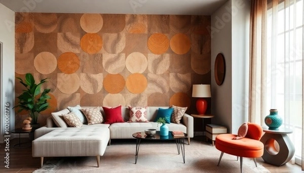 Obraz Retro-inspired living room with unique wall textures, showcasing a patterned wallpaper, a low-profile sofa, and decorative accessories in vibrant colors.