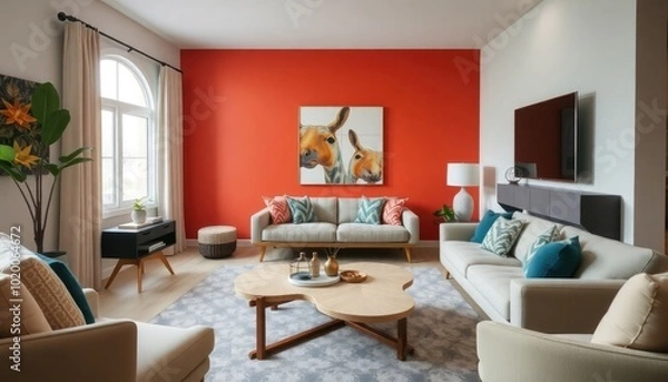 Obraz Stylish Mid-Century living room with a focus on comfort, showcasing a cozy sectional, a unique coffee table, and a vibrant accent wall that enhances the space.