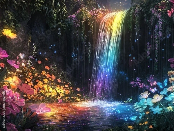 Fototapeta A fantastical scene of a rainbow waterfall cascading into a sparkling pool surrounded by glowing flowers
