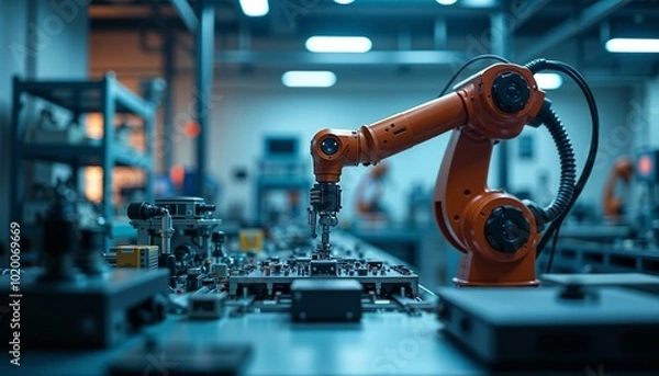 Fototapeta Industrial robotic arm working in automated manufacturing, focused and precise, factory background 