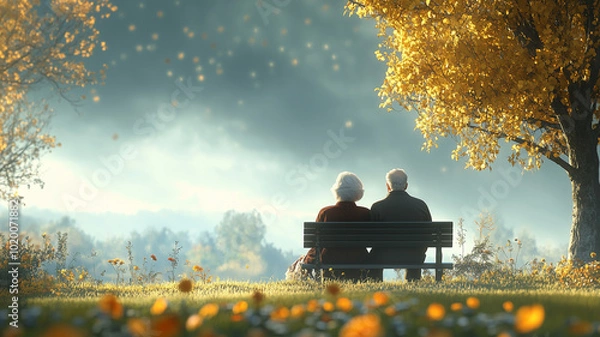 Fototapeta Illustration, an elderly couple sitting on a bench