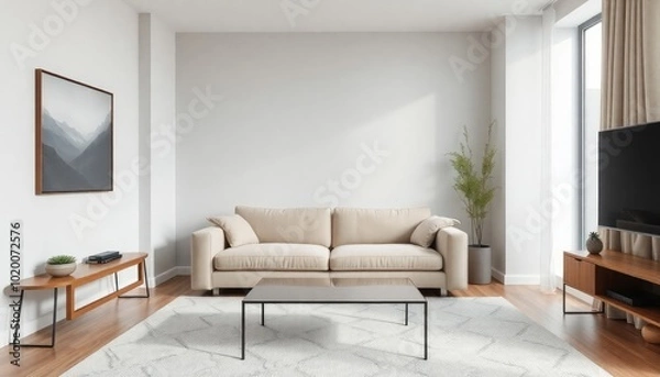 Obraz Modern minimalist living room in a compact space, light gray walls, soft beige sofa, and a glass-top coffee table with clean, sharp lines.