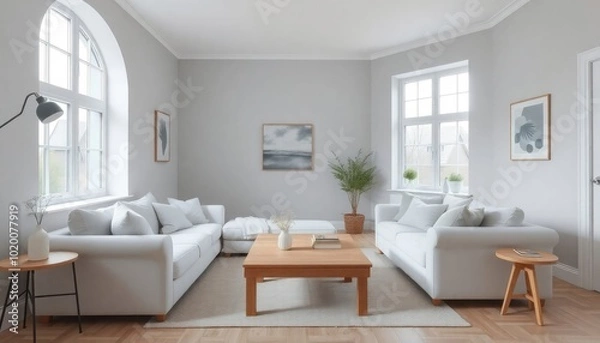Fototapeta Bright and airy Scandinavian living room, featuring soft gray walls, a plush white sofa, and a light oak coffee table. A large window floods the room with natural light, and simple decor